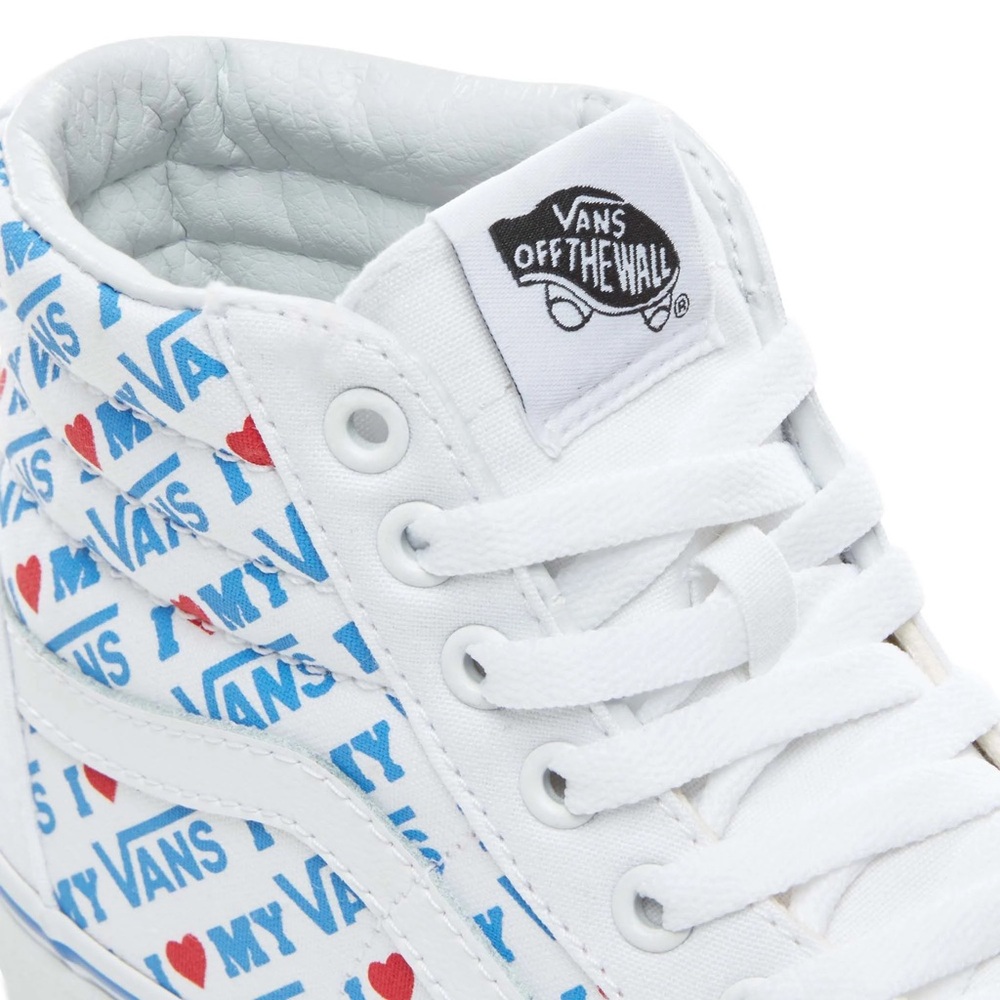 Vans White High-Top Sneakers with Blue and Red Print
